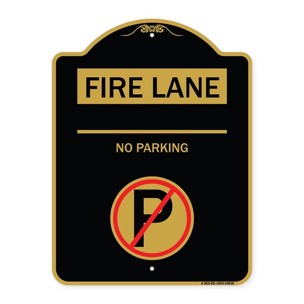 Fire Lane-No Parking W/ No Parking, Black & Gold Aluminum Sign, 18" x 24", BG-1824-24010